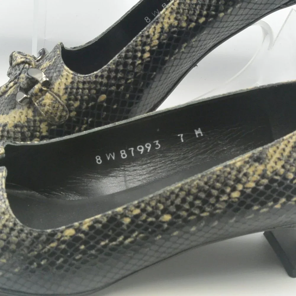 Stuart Weitzman Snakeskin Leather Pumps 7 M Black Tan Square Toe Kitten Heel - Picture 4 of 12